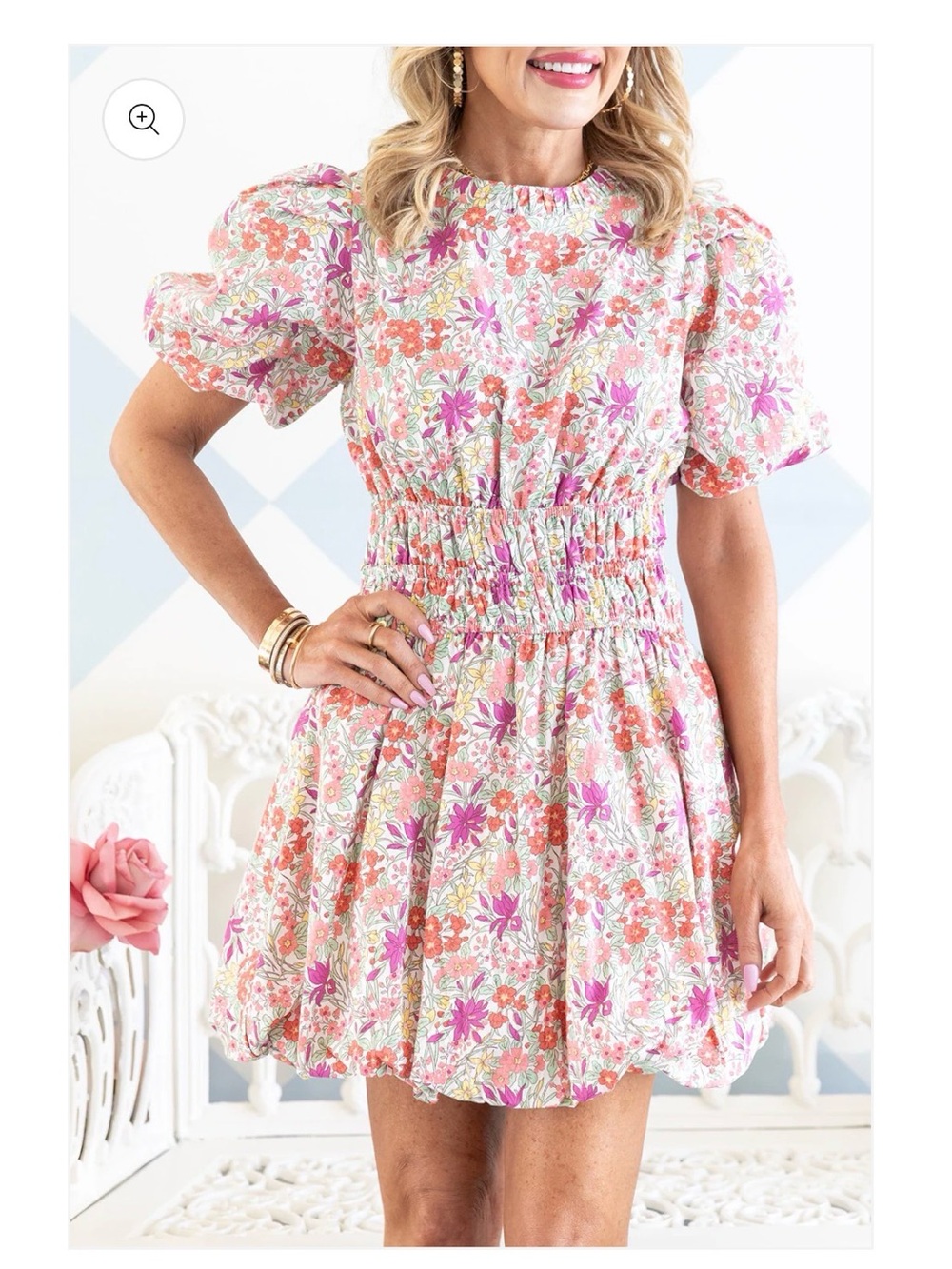 Saeroyzio House Floral Puff Sleeve Dress in Pink & Coral - M